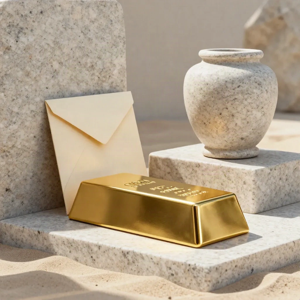 Goldbarren, verschlossene Geldhülle und Steinvase vor heller Granitwand im warmen Licht.