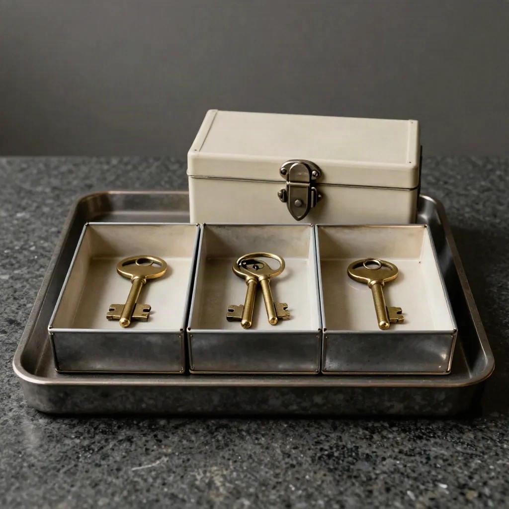 Krisen-Tray mit Schlüsseln, Fächerbox und versiegelter Assetbox auf Travertin.