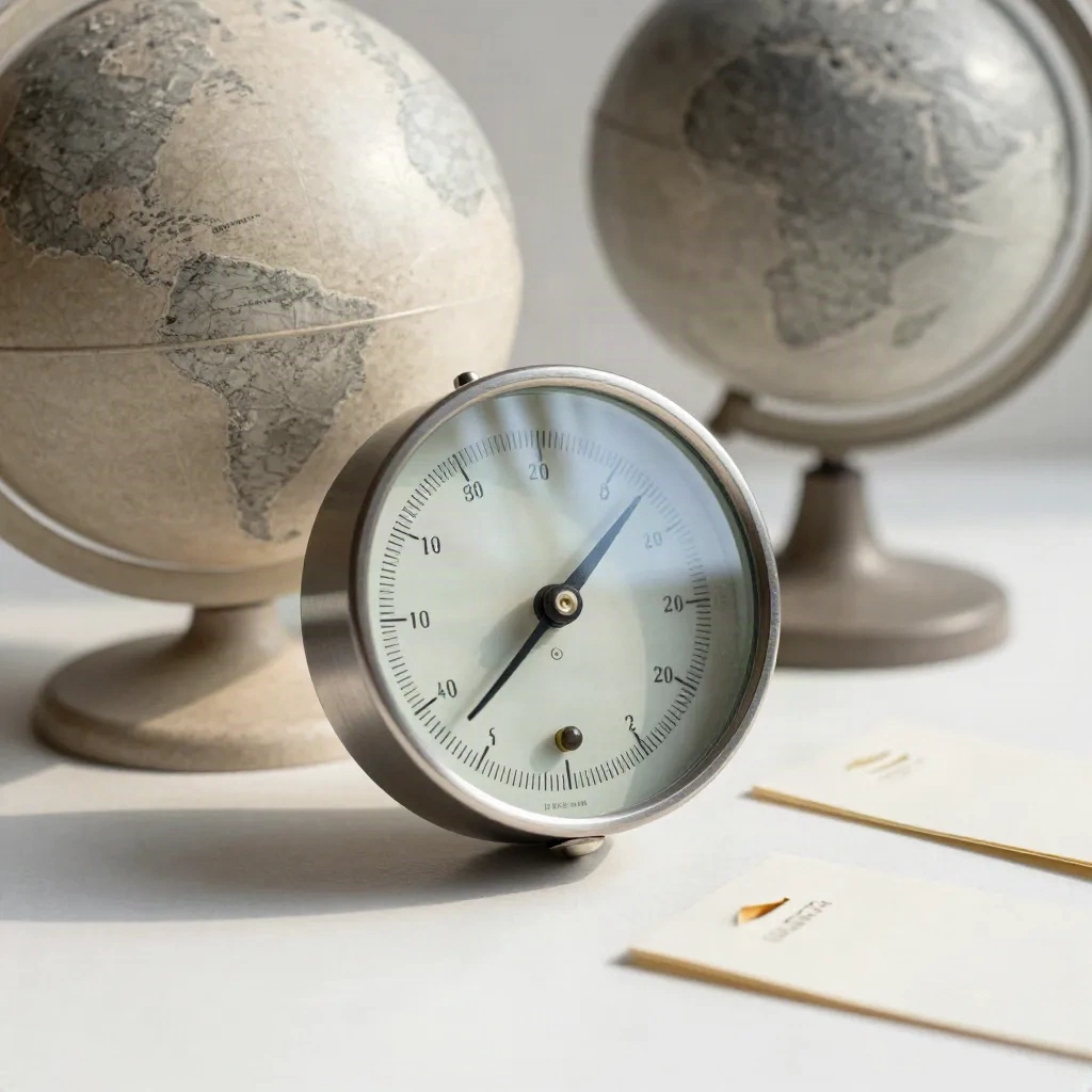 Barometer, Wetterglas, Steinglobus und Karten auf hellem Plastersweep